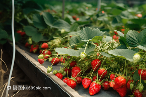 温室中新鲜草莓特写图